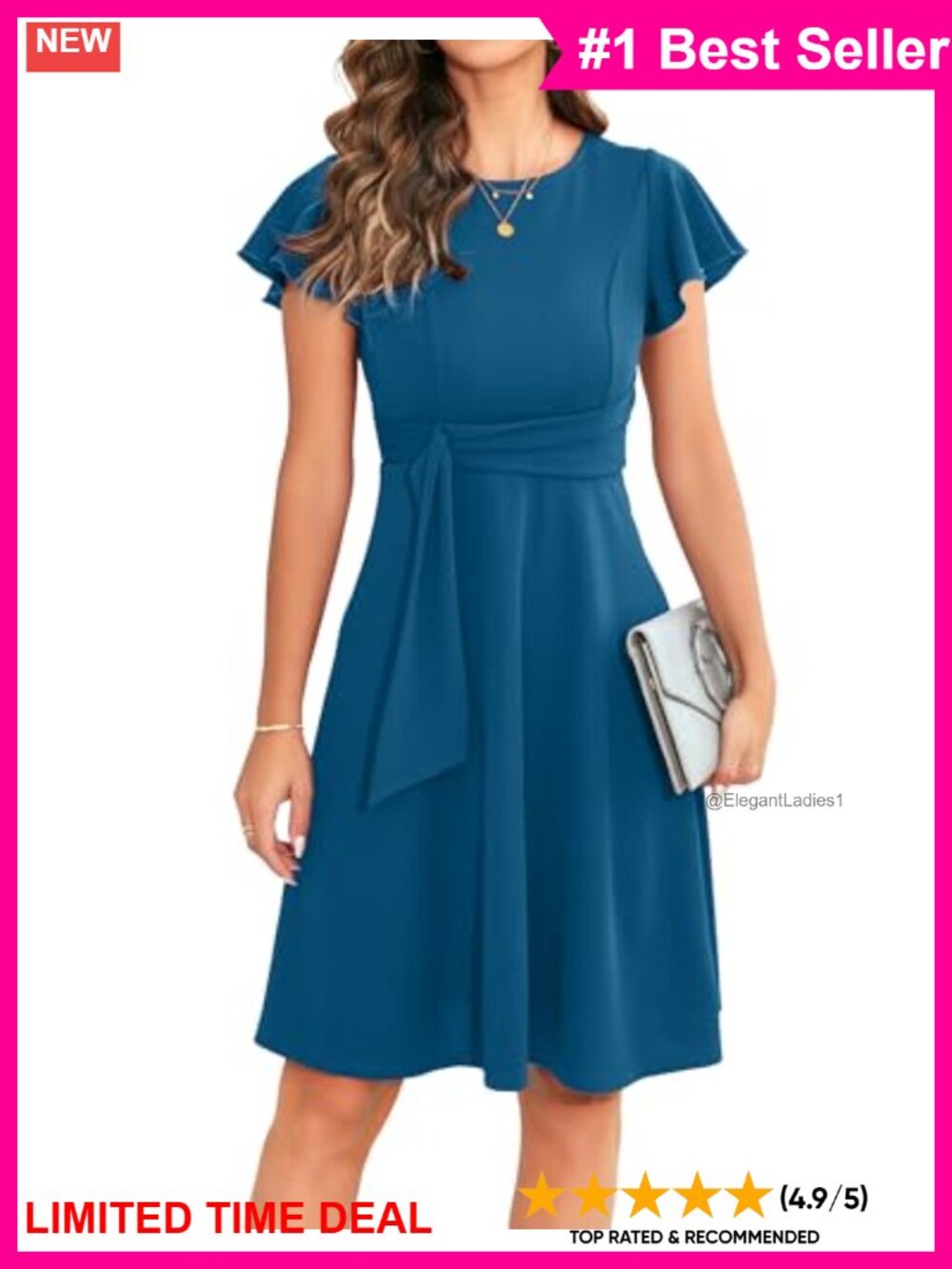 Womens Ruffle Sleeve A-Line Fit and Flare Cocktail Party Swing Dress
